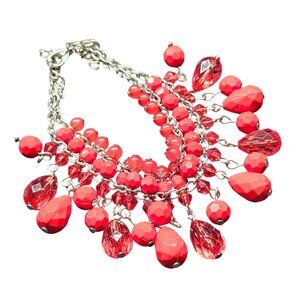 Vintage Red Beaded Dangle Bracelet With Silver Chain & Clasp